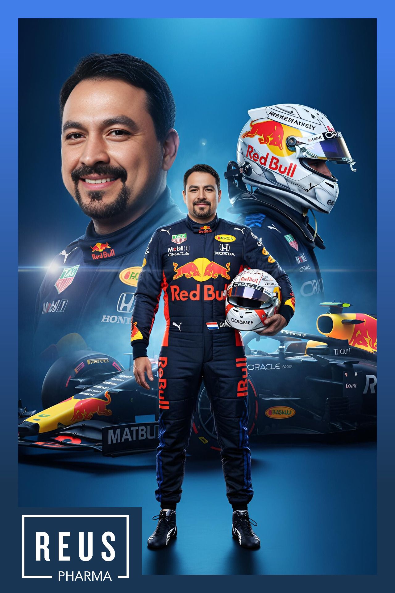 Formula 1 racing driver in Red Bull racing suit poses with race car and helmet against blue studio backdrop.