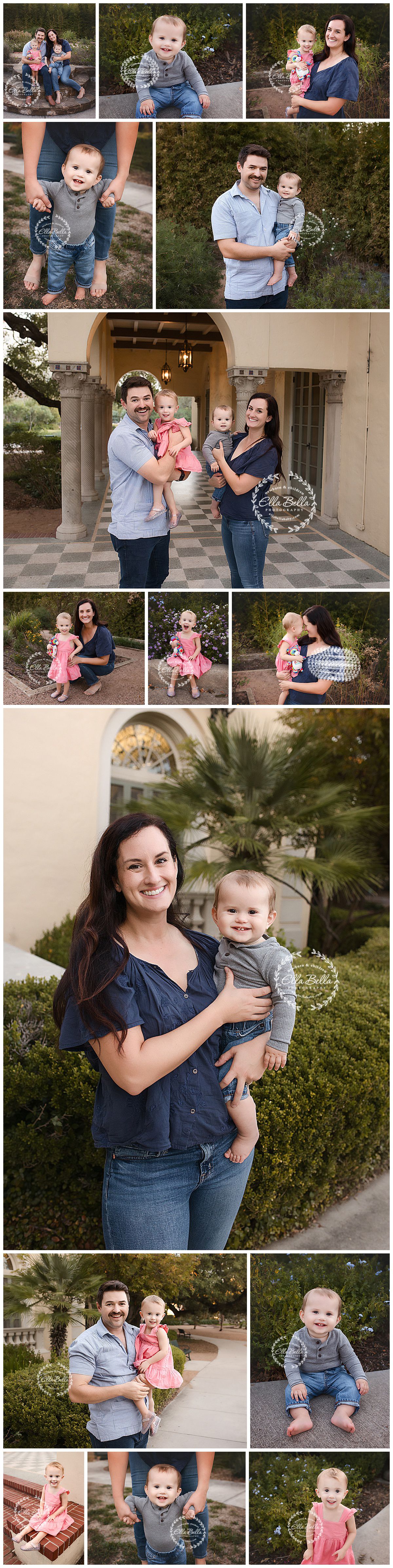 A family photo collage featuring casual outdoor portraits in denim outfits against greenery and architectural backdrops.