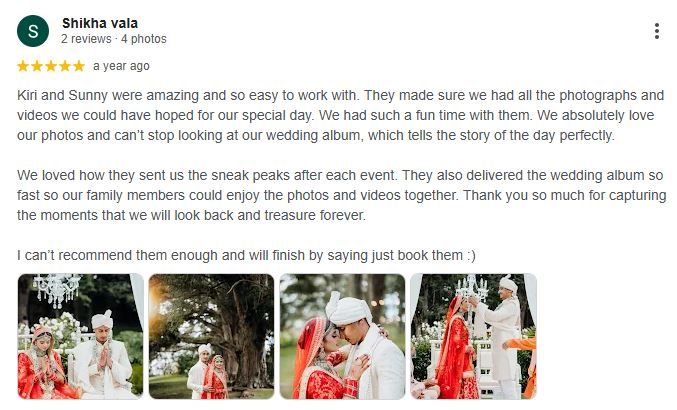 A collage of positive Google business reviews showing 5-star ratings and customer testimonials for wedding photography services.
