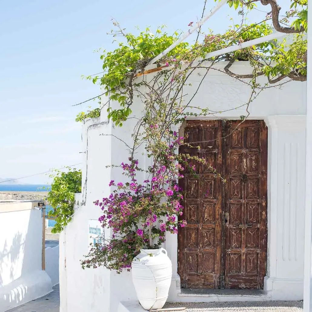 A white Greek-style home with a wooden door, bright bougainvillea and sea views behind.