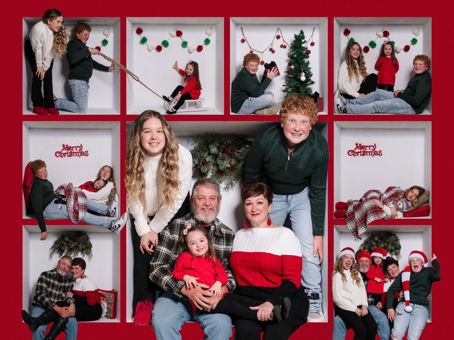 A collage of Christmas-themed family portraits with red and white color scheme displayed in multiple frames.
