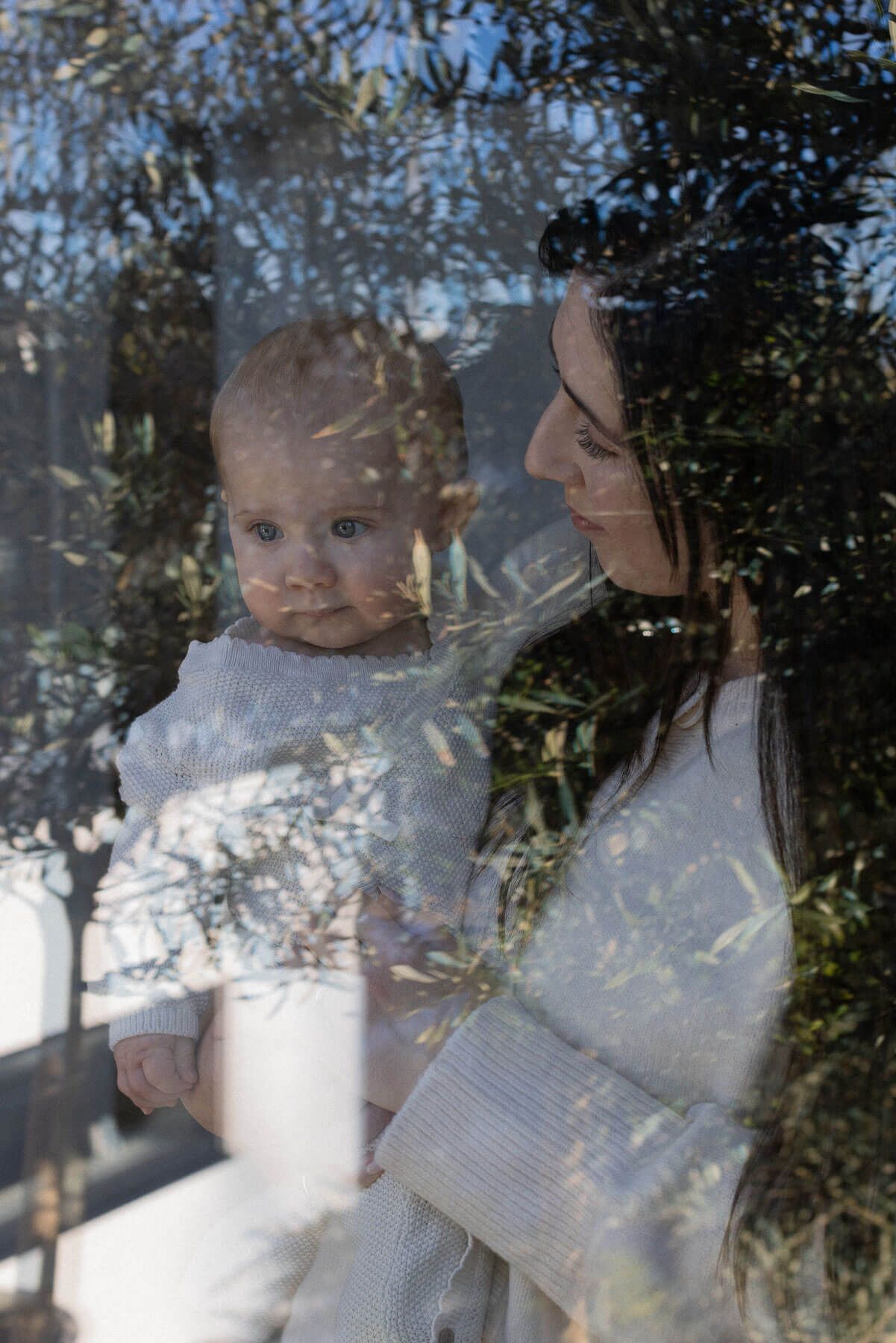 Portrait of mother holding baby seen through glass window with olive tree reflections, photographed during an in home session in Brighton