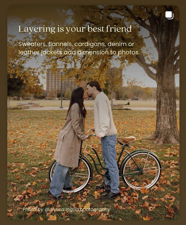 Sioux City, Iowa photographer. Couple in layered fall outfits with flannel and denim stands near a bicycle under a golden autumn tree.