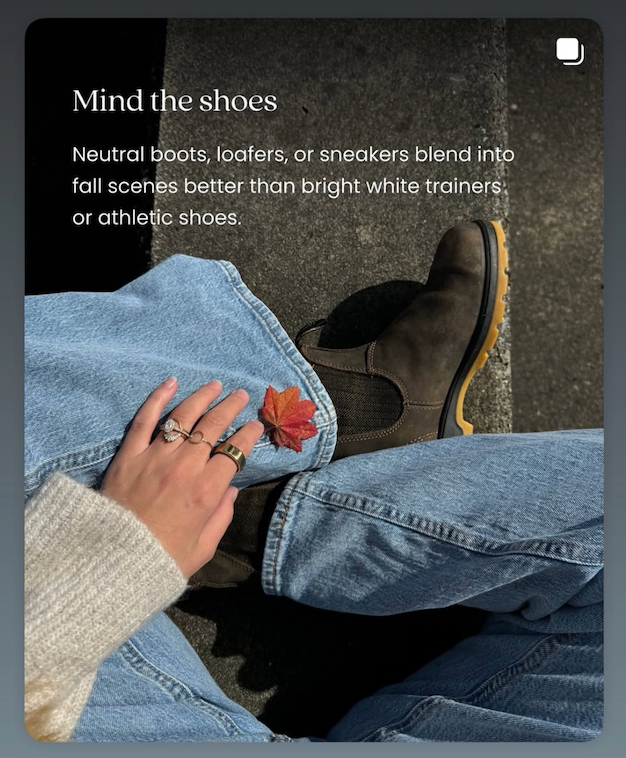 Sioux City, Iowa photographer. Neutral brown boots and jeans with a fallen leaf highlight ideal fall footwear over bright white sneakers.