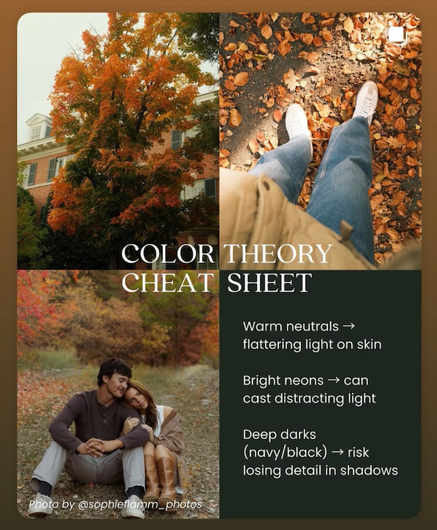 Sioux City, Iowa photographer. Color theory sheet for photography showing warm autumn tones with tips on neutrals, neons, and dark colors.