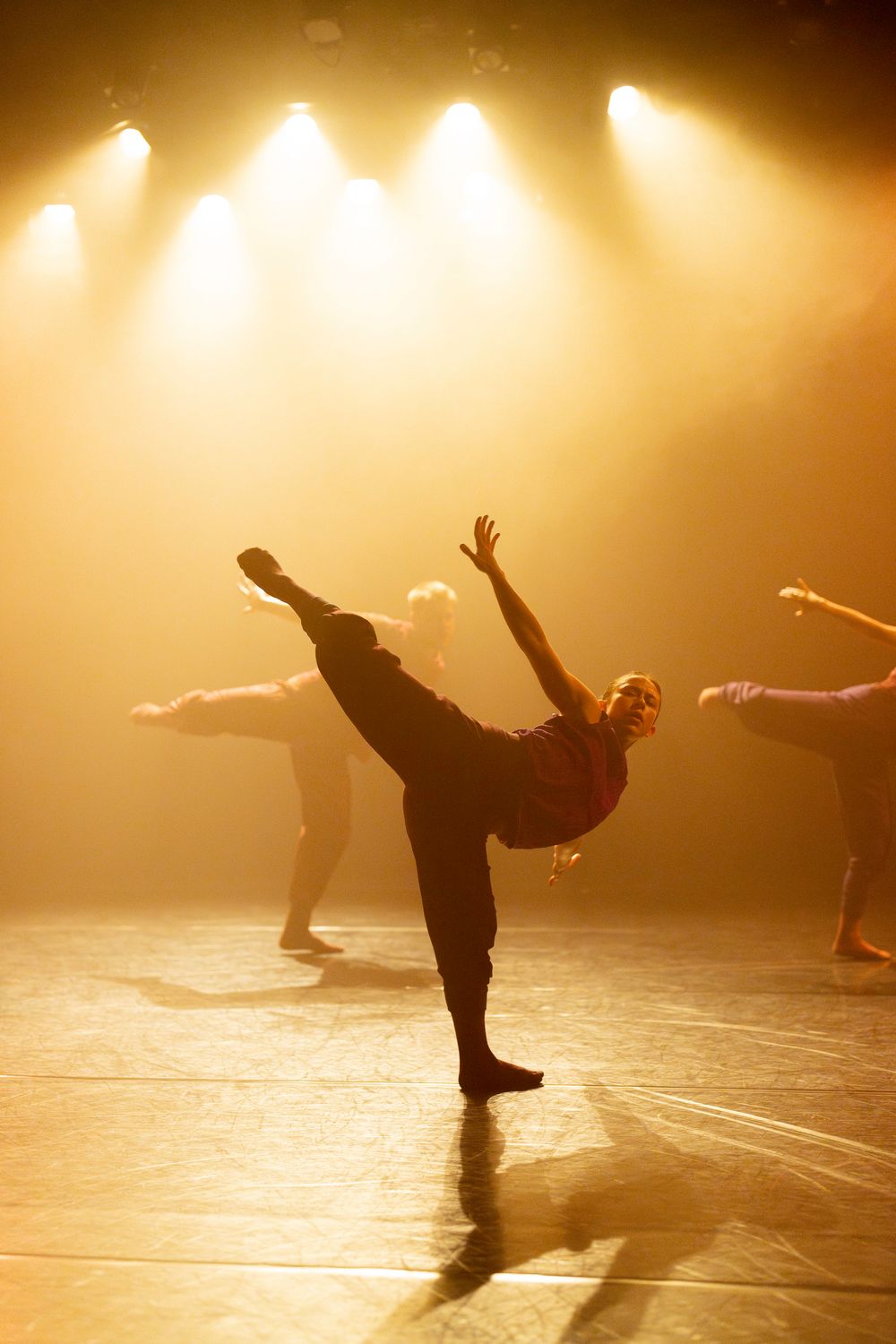 Dancers perform in warm golden stage lighting creating dramatic shadows and silhouettes.