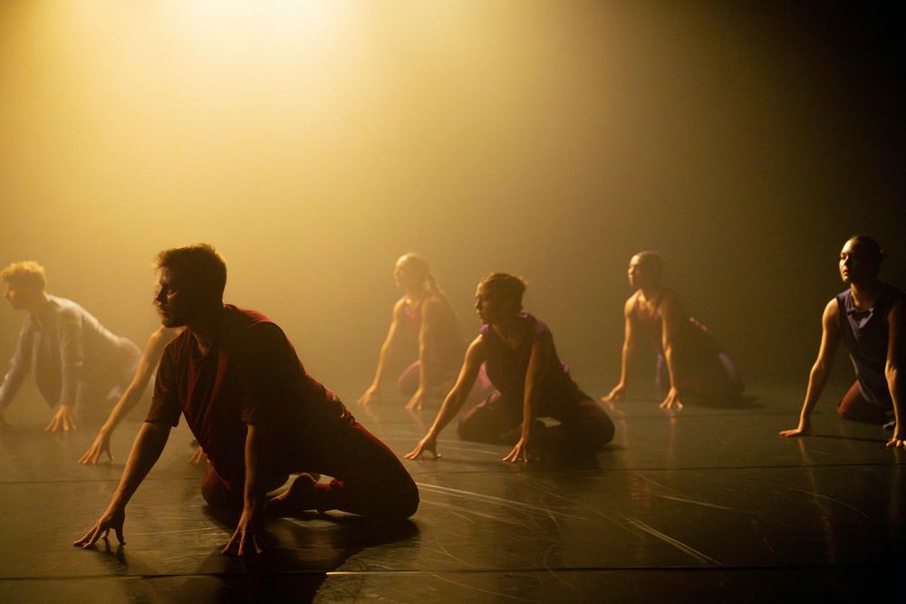 Dancers in silhouette performing floor movements under atmospheric amber lighting.