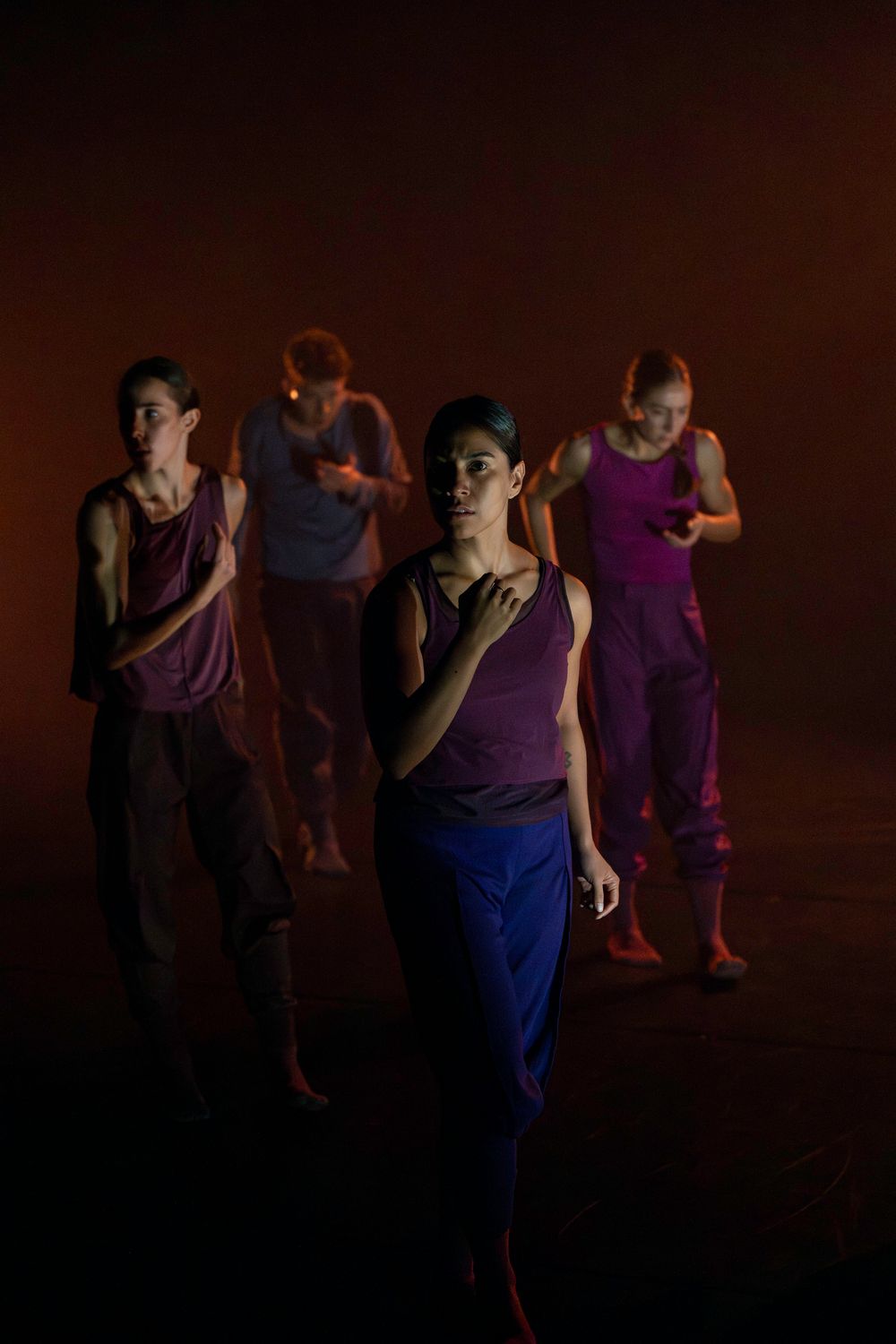 Contemporary dancers in purple and blue costumes move gracefully across a dimly lit stage.