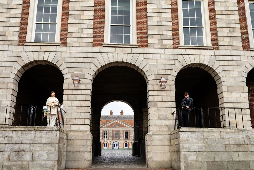 Editorial post-wedding portrait at Dublin Castle — timeless, European-style elegance.