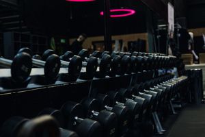 Rows of black dumbbells arranged on metal racks in a dimly lit gym with pink neon lighting.