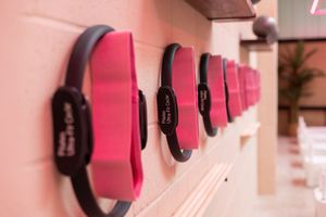 A row of pink and black computer mouse devices arranged in a line showing their evolution and design progression.