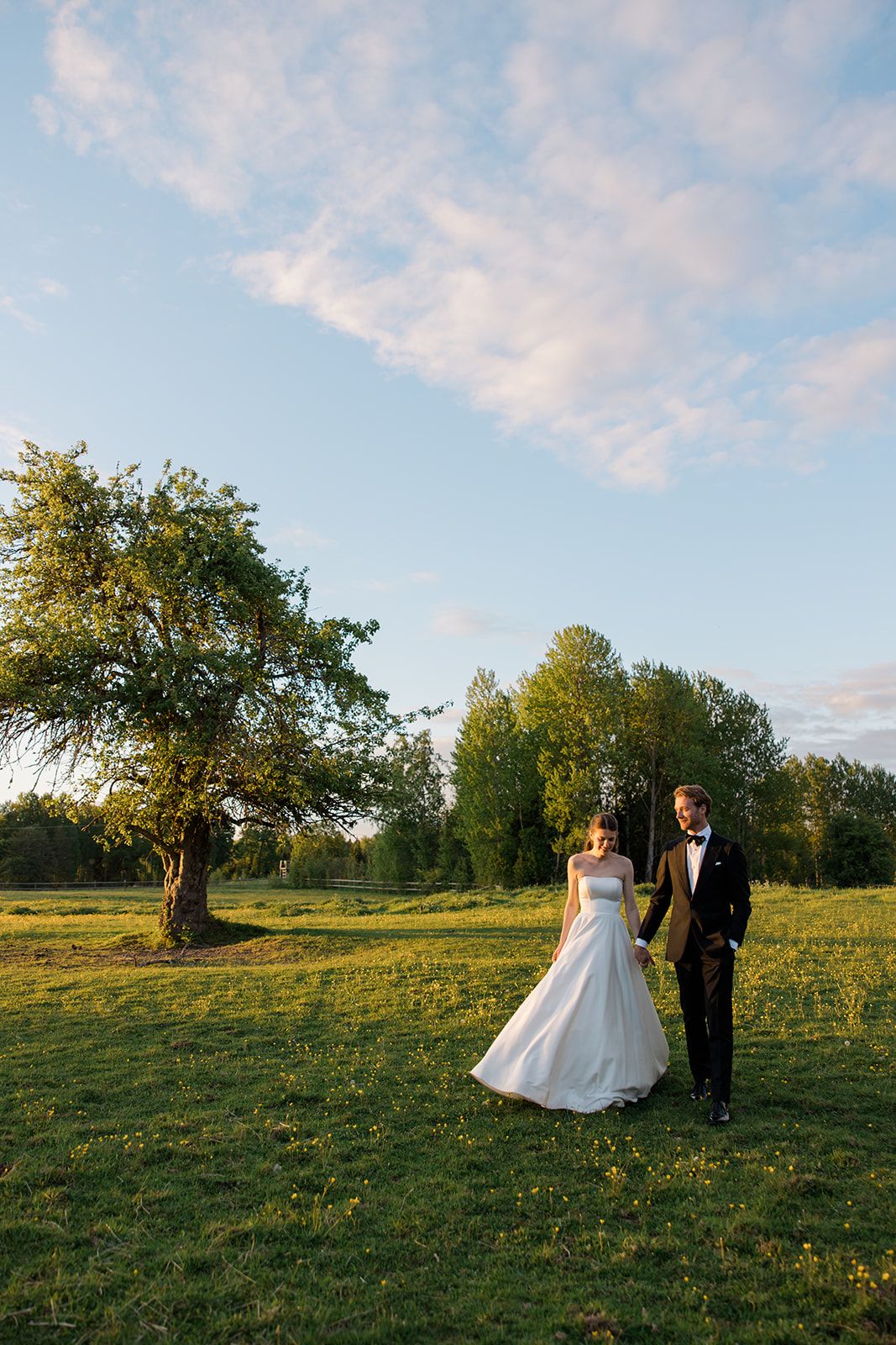 A couple in formal wedding attire walks through a sunlit meadow during golden hour.