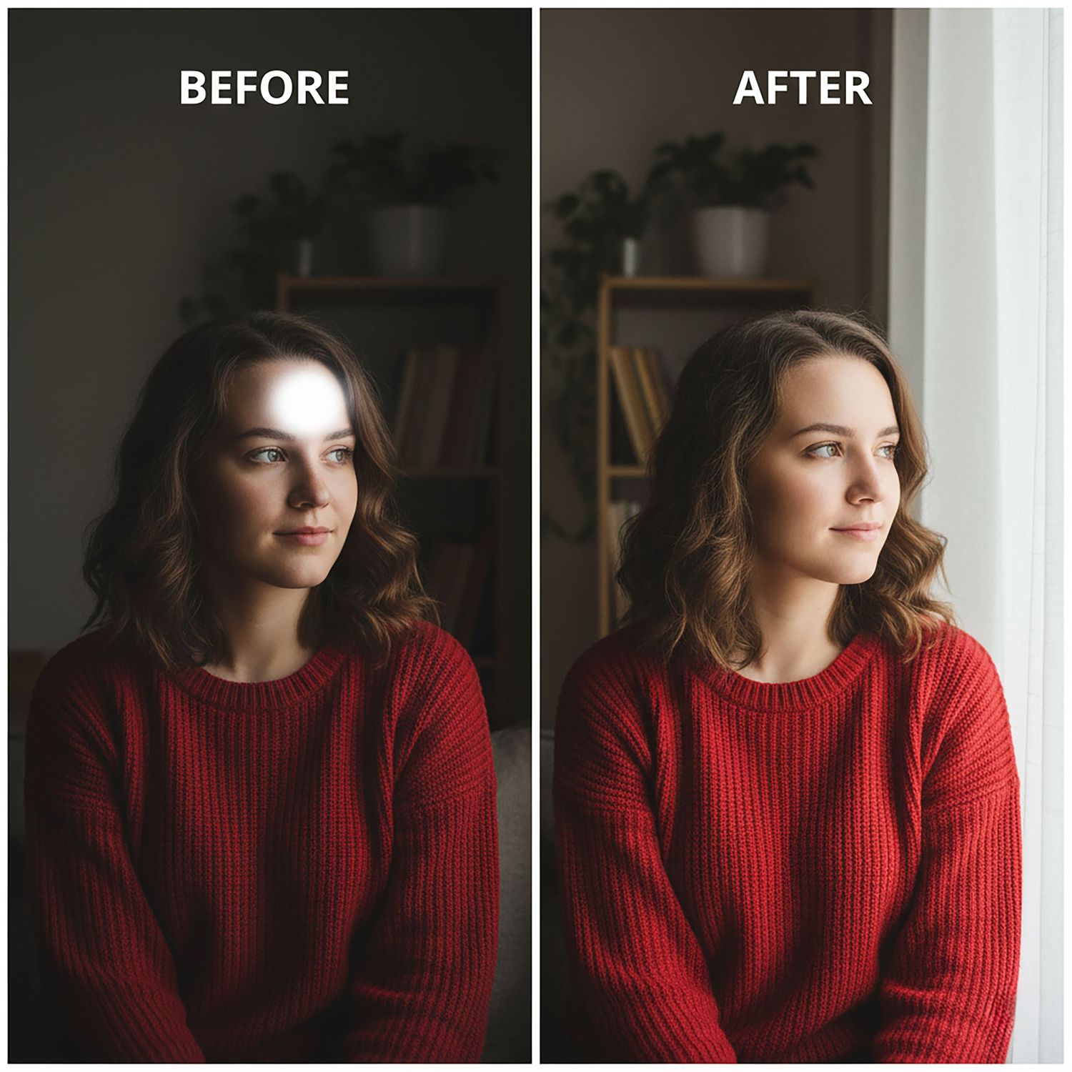 A series of six photos showing a person in a red sweater posing against a white wall in moody natural lighting.
