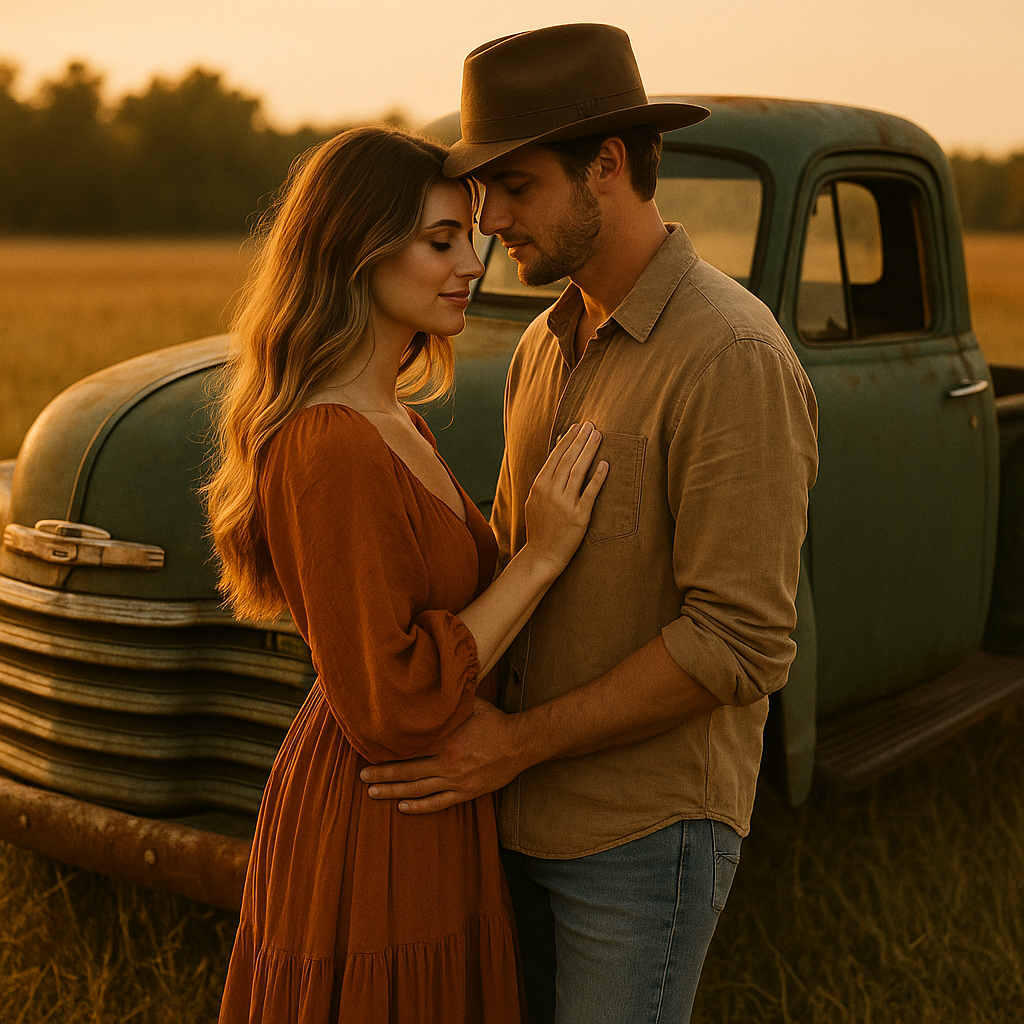 Romantic couple embraces near vintage truck during golden sunset in rustic countryside setting.