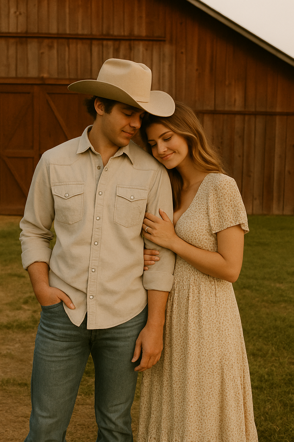 A couple in western attire share romantic moments against a rustic barn backdrop in warm sepia tones.