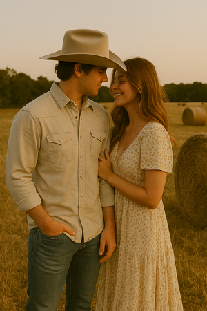 A romantic couple embraces in a golden field at sunset wearing western attire and a flowy dress.