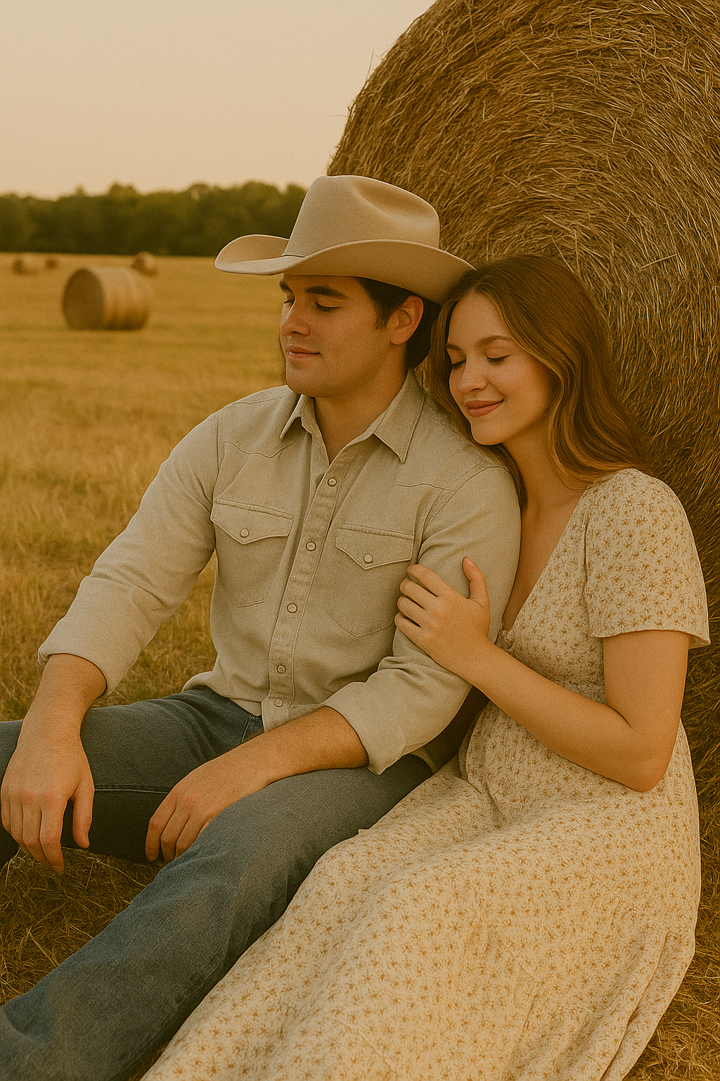 A couple sits intimately together against a hay bale in a golden wheat field at sunset.