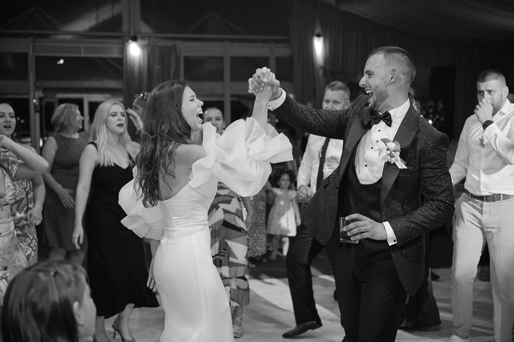 Monochrome images of people dancing in pairs at a formal celebration or party.