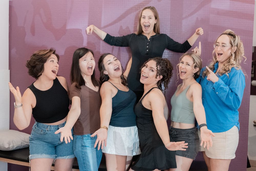 A group of people in casual attire posing together and expressing joyful emotions in a photo collage series.