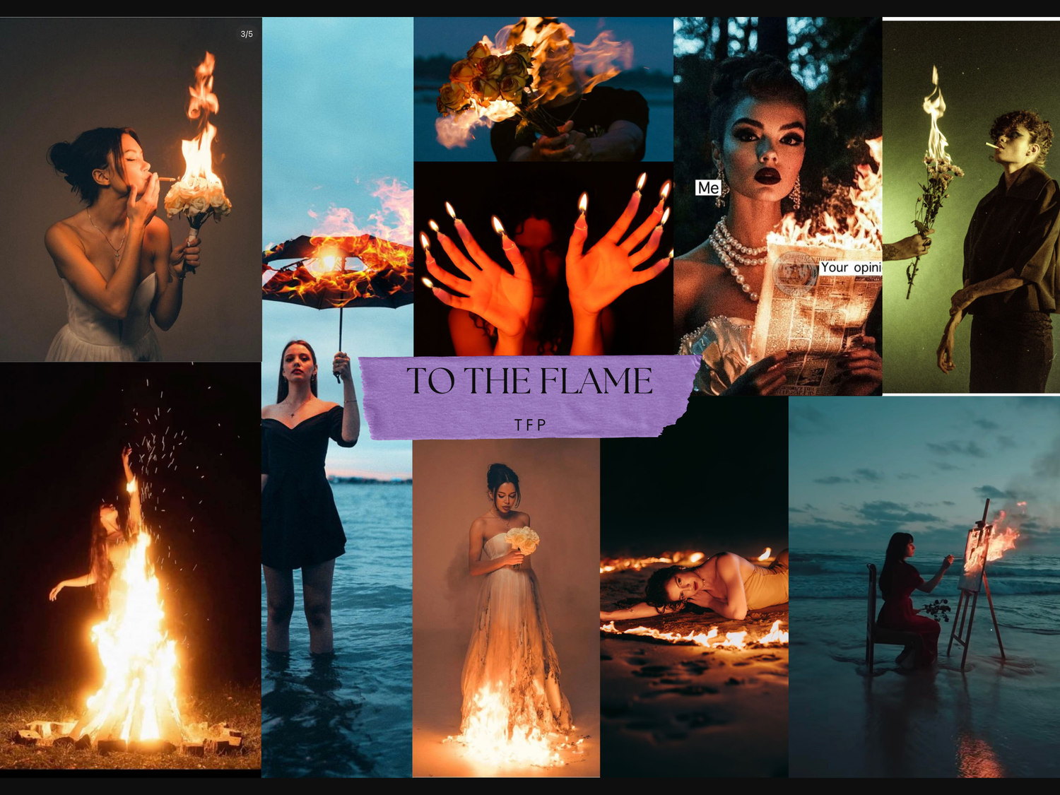 A collection of fire-themed photographs showing flames, sparks and silhouettes against dark backgrounds in various settings.