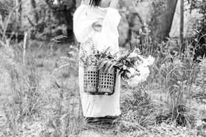 A black and white collage of outdoor garden scenes with baskets and flowers in a vintage style.