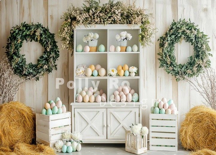 A rustic farmhouse backdrop with hay bales, green wreaths, and pastel Easter eggs displayed on white shelving.
