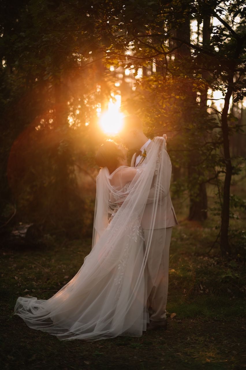 Couple embraces with long veil flowing in warm golden sunset forest backdrop.