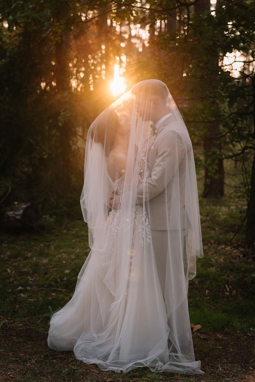 Wedding couple embraces beneath a sheer veil with warm golden sunset glowing through tall trees in a forest.