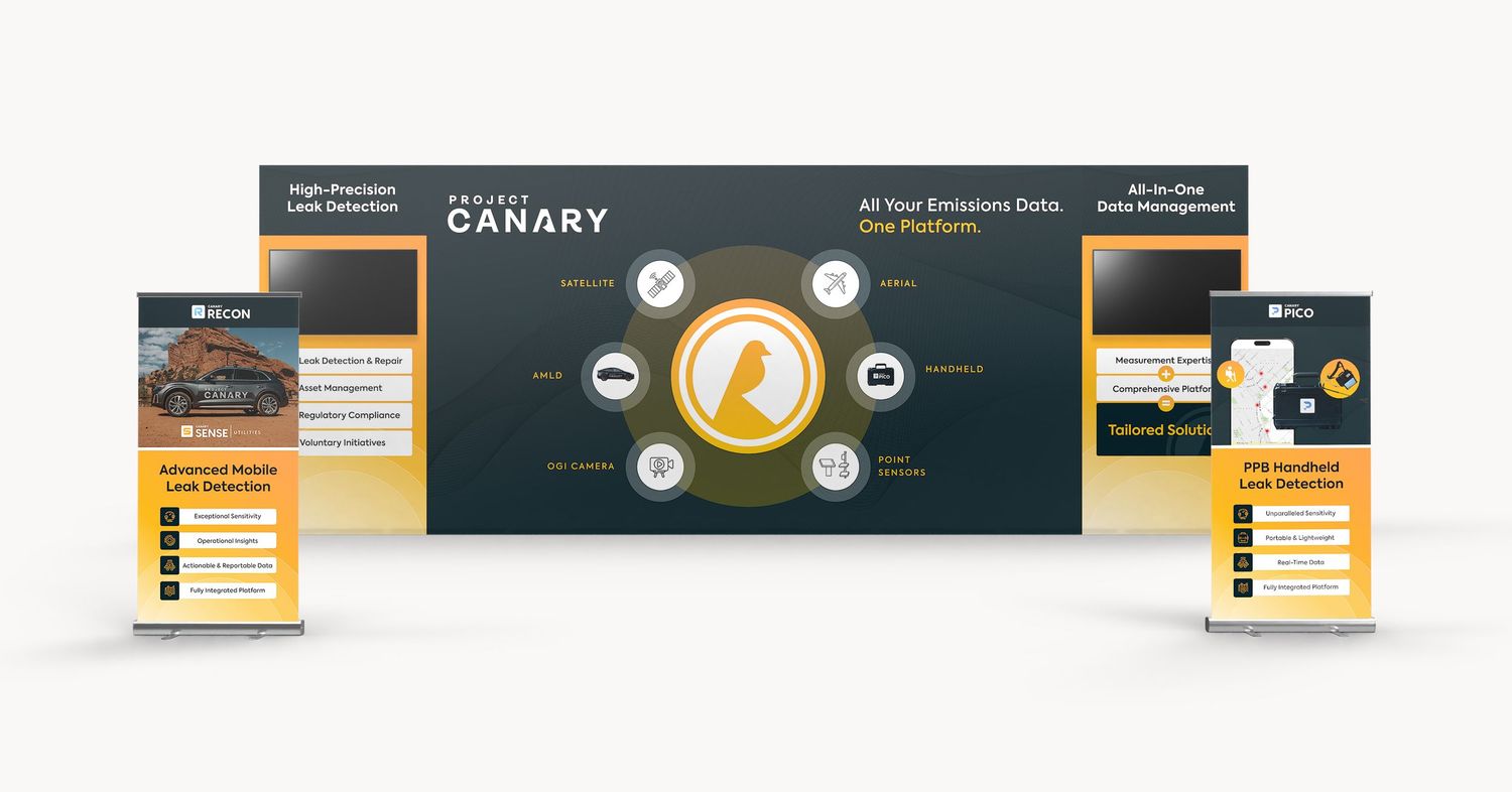 Brand identity mockup showing multiple brochure layouts with yellow and dark blue color scheme.