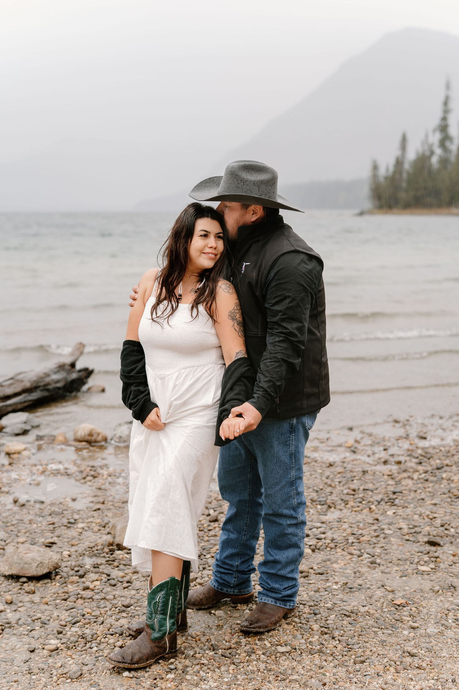 Rainy engagement photos on Lake Wenatchee