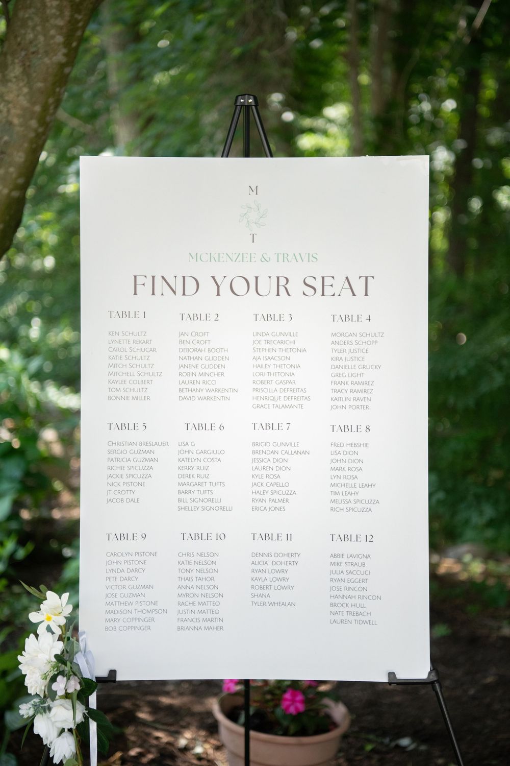 Elegant seating chart display with table assignments for wedding reception.