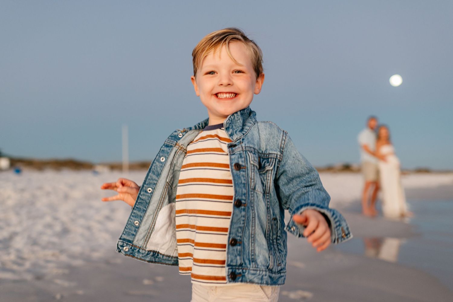 A series of candid beach photos showing people walking and sitting together on white sandy shores at sunset.