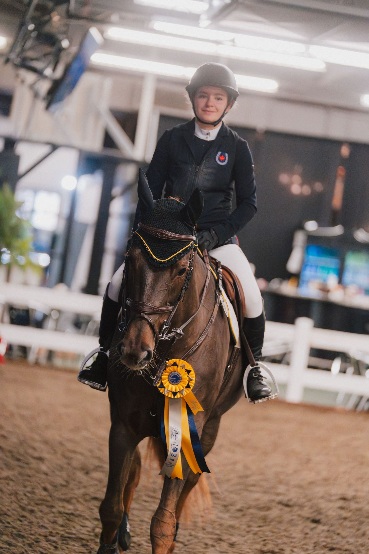 Equestrian rider in black attire competes on a bay horse with a yellow rosette in an indoor arena.
