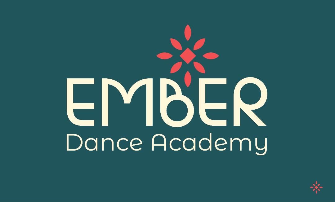 A modern dance academy logo featuring the word 'Ember' in elegant white text on a teal background with red floral accents.