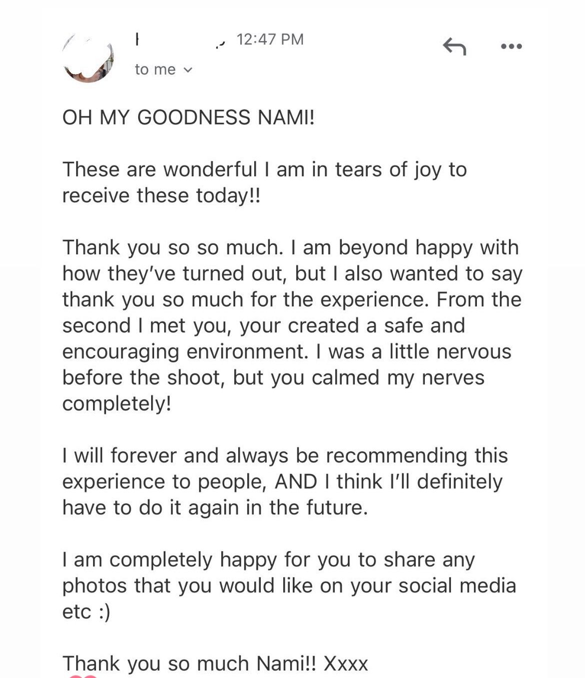 Enthusiastic client email expressing tears of joy and gratitude after receiving stunning photos from Nami photographer.