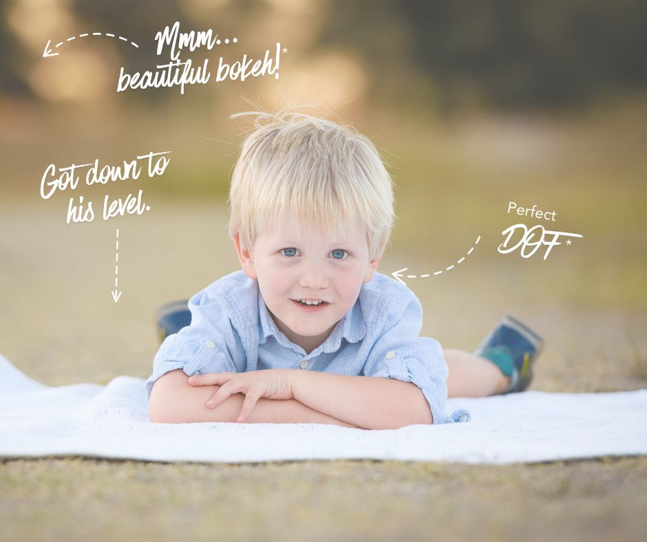 Boy laying on a blanket with wording showing what makes the image pop - Kelly Chapman Photographer Perth