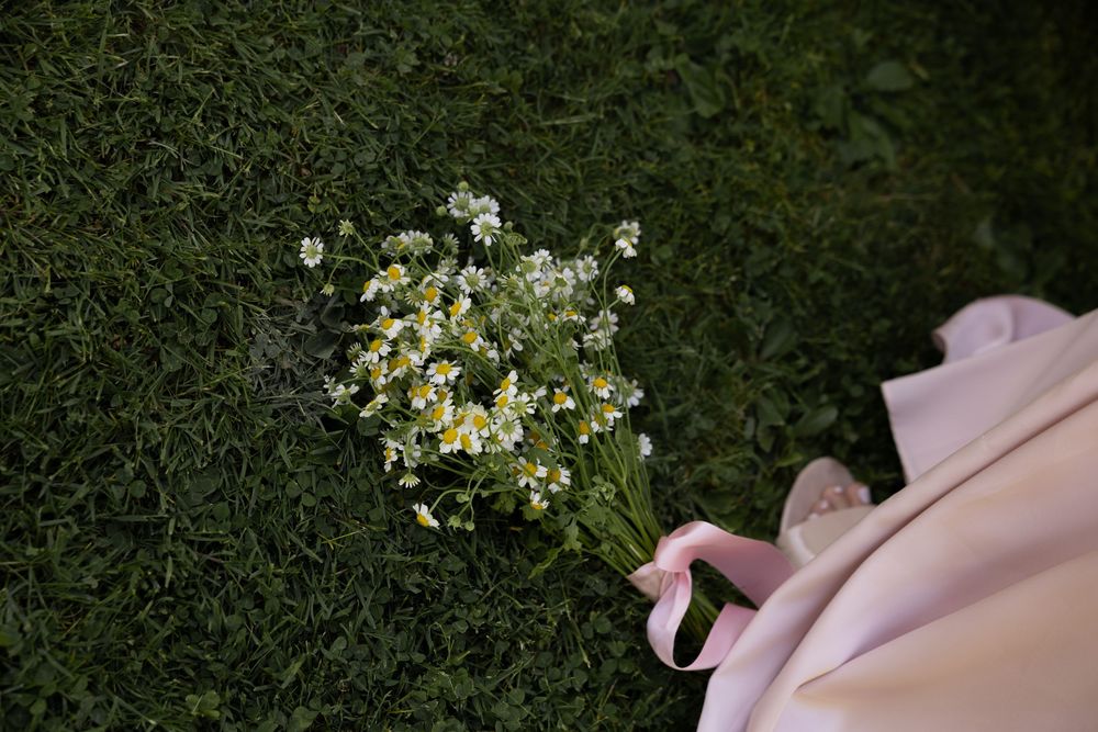 A person in a pink dress holding white wildflowers against a dark green natural background.