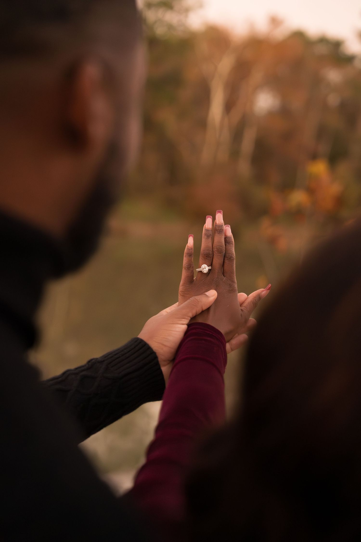 A sequence of hands reaching towards sunlight through autumn trees, creating a warm and ethereal atmosphere.