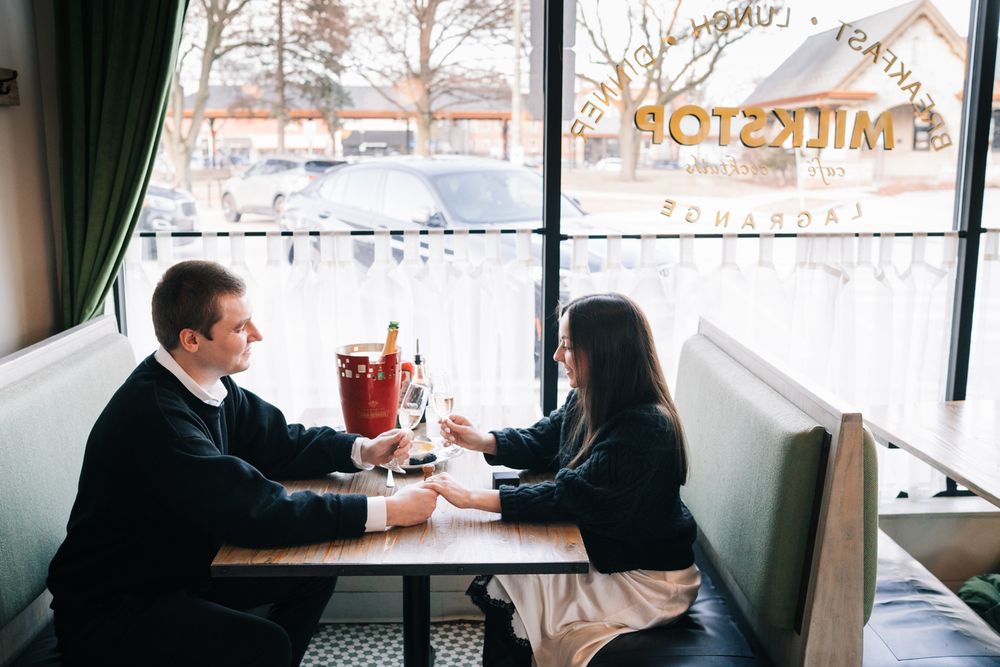 Engagement proposal photos at Milkstop in La Grange, Illinois.