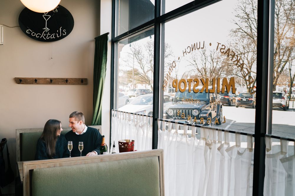 Engagement proposal photos at Milkstop in La Grange, Illinois.
