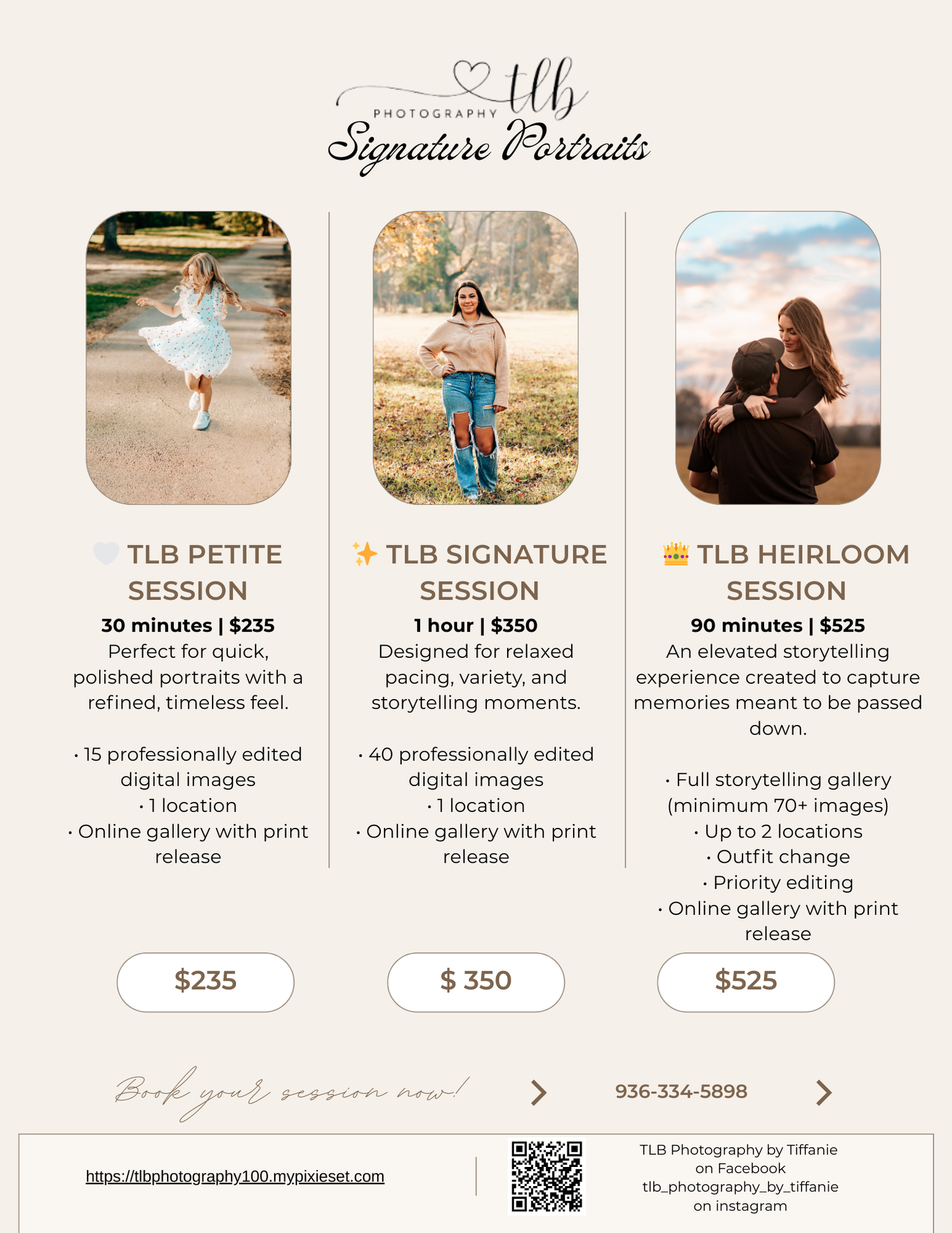 Photography pricing guide showing different portrait session packages and sample images.