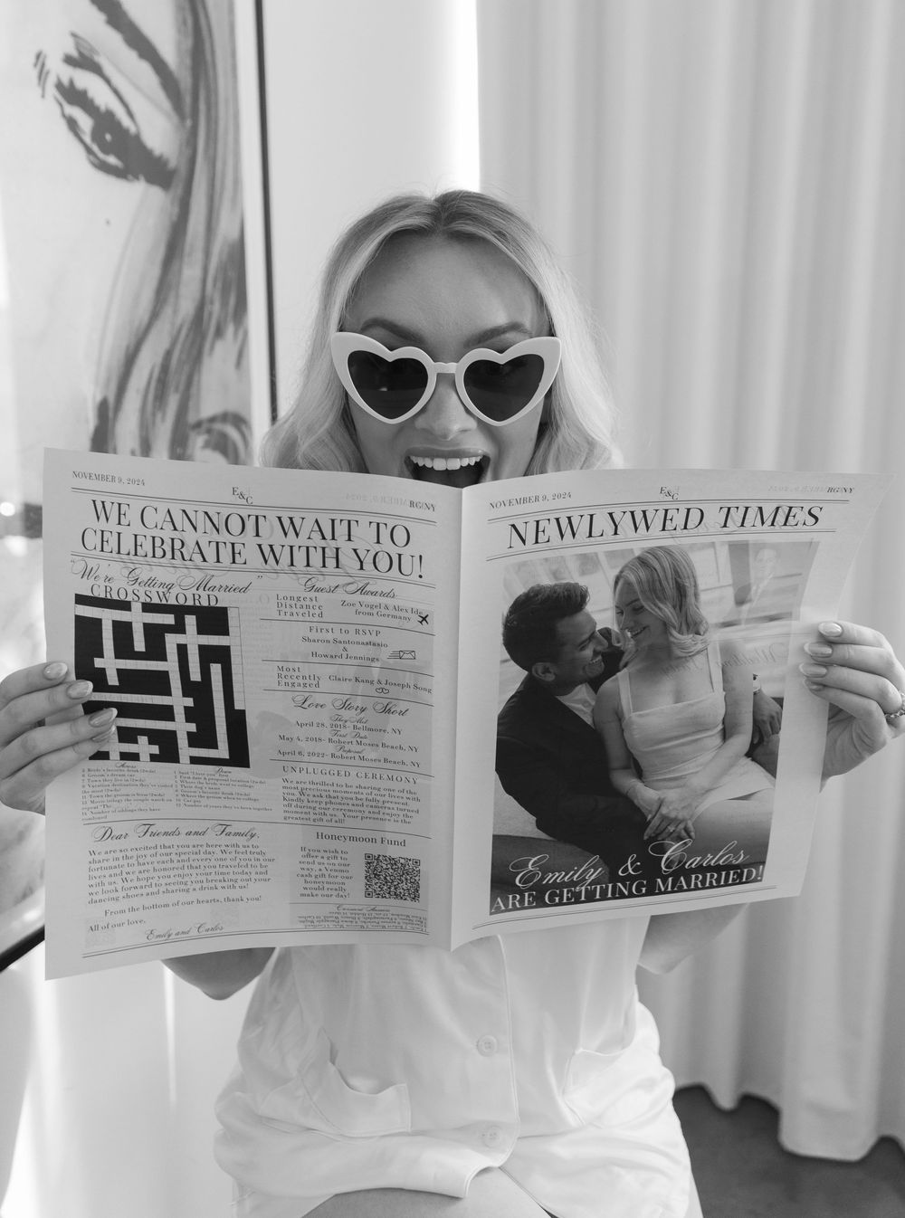 A series of black and white photos showing someone holding up a newspaper announcement titled 'Newlywed Times'.