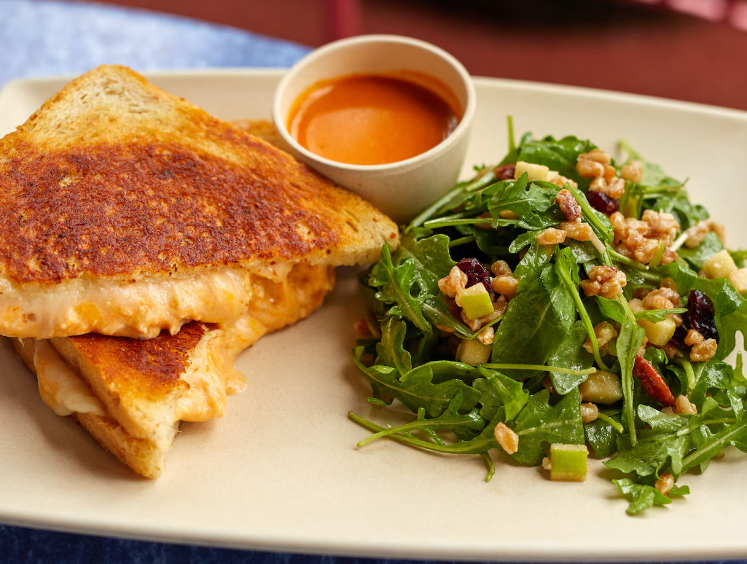 Grilled cheese sandwich served with salad and orange dipping sauce on a white plate.