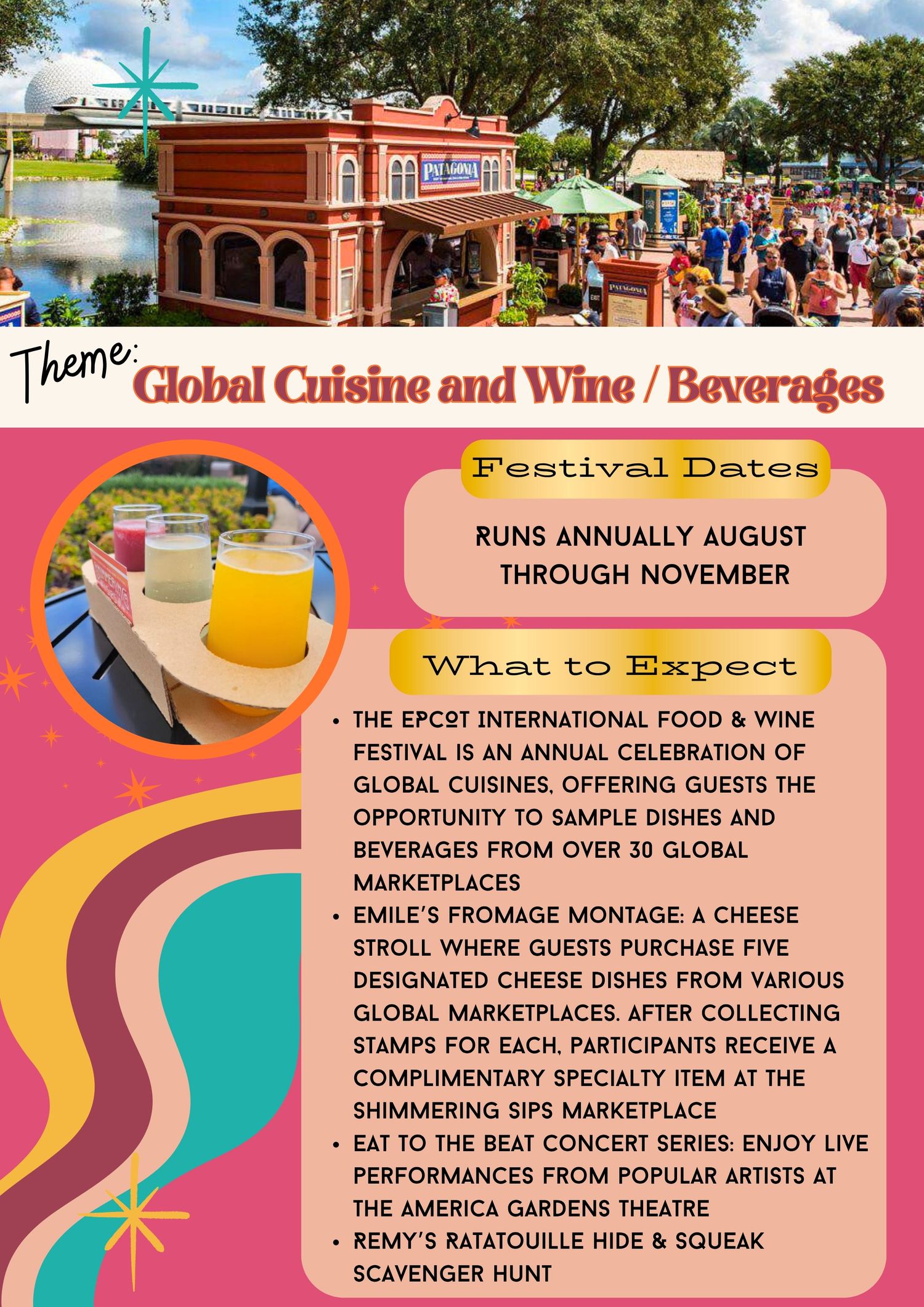 Information page about Epcot's Food & Wine Festival showcasing global cuisine offerings and dates.
