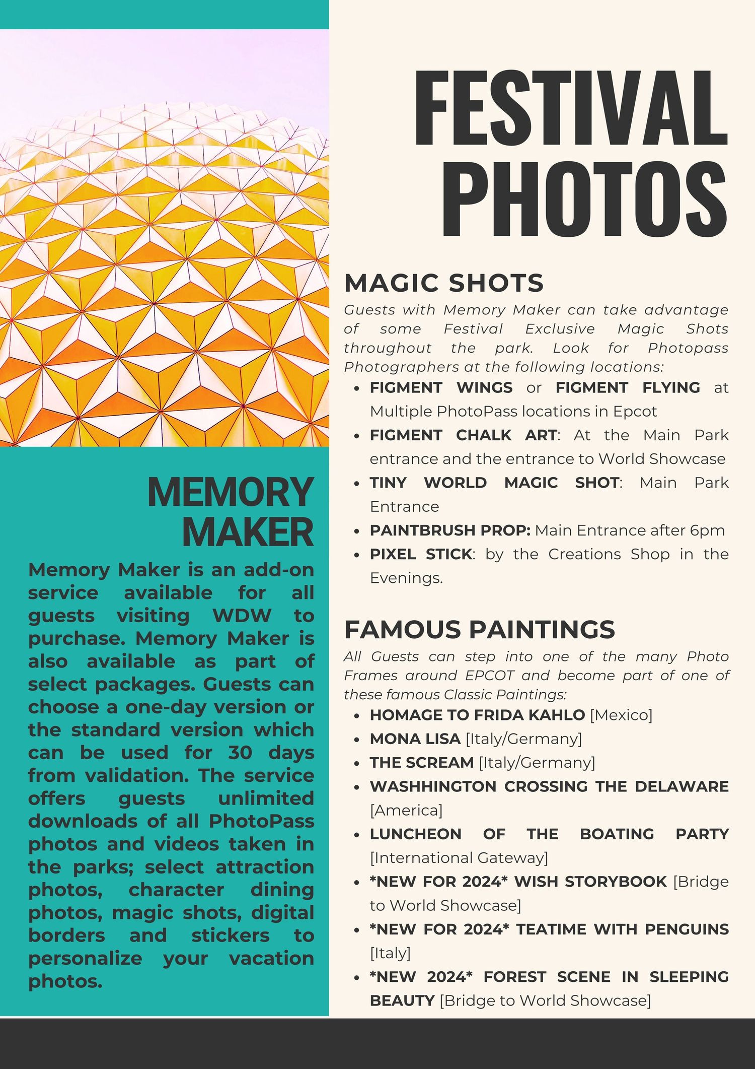 Photo opportunities guide showing magic shot locations and famous painting recreations.