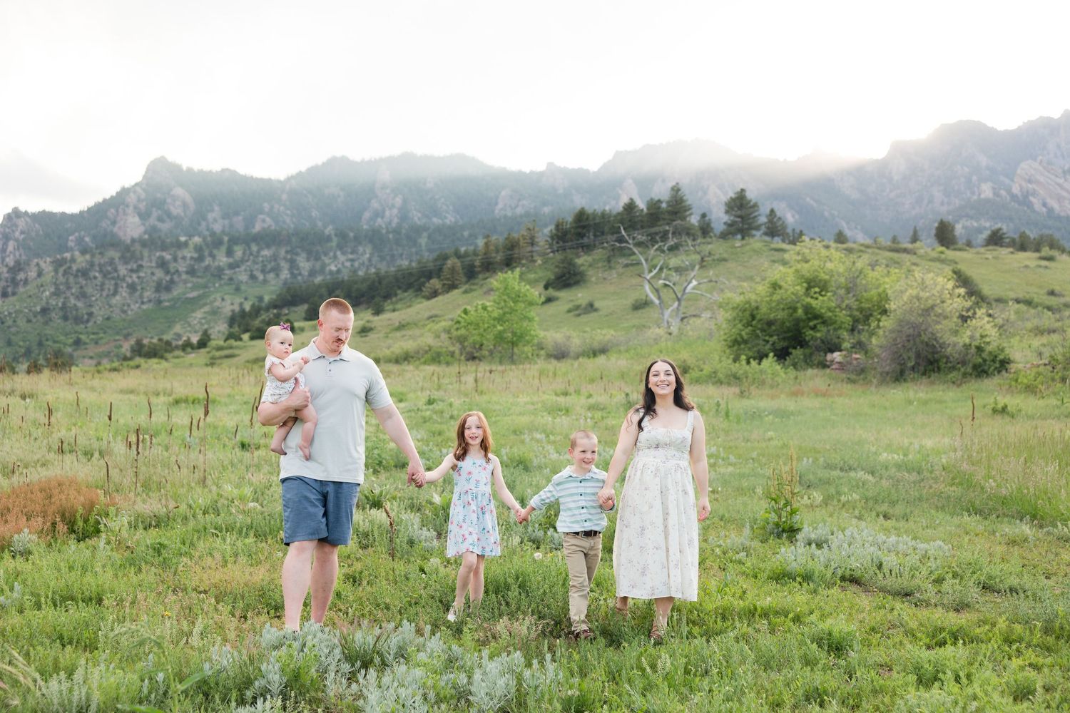 A family holds hands while walking through a scenic mountain meadow on a bright summer day.