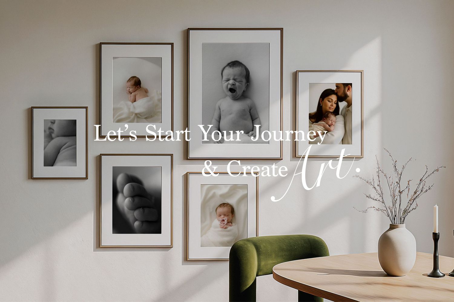 A gallery wall of framed black and white portraits hangs above a green accent chair with decorative vase on side table.