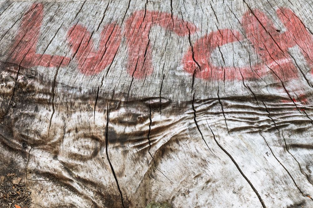 Graffiti text and abstract patterns painted in red and black on weathered wooden surface.