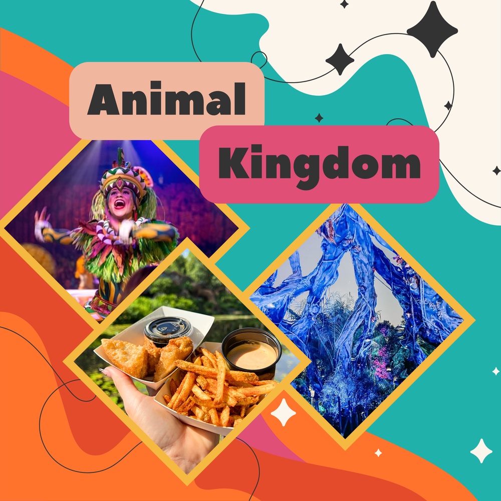 Decorative banner showing Animal Kingdom attractions in diamond-shaped photo frames.