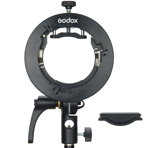 Black Godox S-type speedlite bracket mount adapter for flash and softbox with adjustable tilt head mechanism.